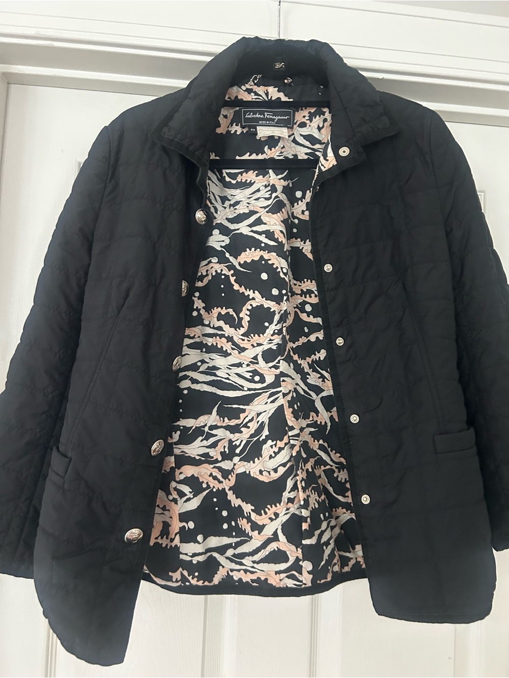 Salvatore Ferragamo Black Quilted Puffer Jacket with Patterned Lining